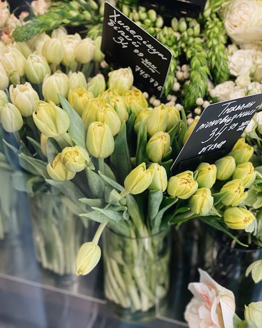 A selection of fresh, pale yellow tulips with closed petals and green stems, arranged in a clear glass vase. The tulips are densely packed, showcasing their vibrant color and smooth petals with subtle