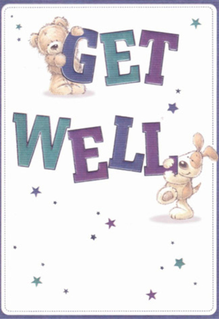 The spirit of gentle encouragement glows through this illustrated get well card-a scene reminiscent of Ilford's welcoming, diverse community. At the forefront, a friendly bear and an affectionate puppy are brought to life with a tactile richness; the bear's fluffy coat and the pup's pillowy ears are rendered so tenderly, they nearly invite an imaginary touch. Jubilant stars in shades of indigo and teal scatter across the clean background, sprinkling good wishes through the air much like petals in a flower parade along Ilford Lane. The striking, oversized lettering, colored in cheerful purples and aquas, radiates energy and reassurance, mirroring the vibrancy of a seasonal bouquet arranged for delivery from Ilford Florist. There's an easy, caring warmth to the composition, with thoughtful spacing and color placement that evoke the comforting sensation of sending love and light to someone in need. Even without the scent of blossoms, the design conjures a sense of touch and heartfelt compassion, making it the perfect accompaniment to a get well bouquet delivered anywhere in Ilford.