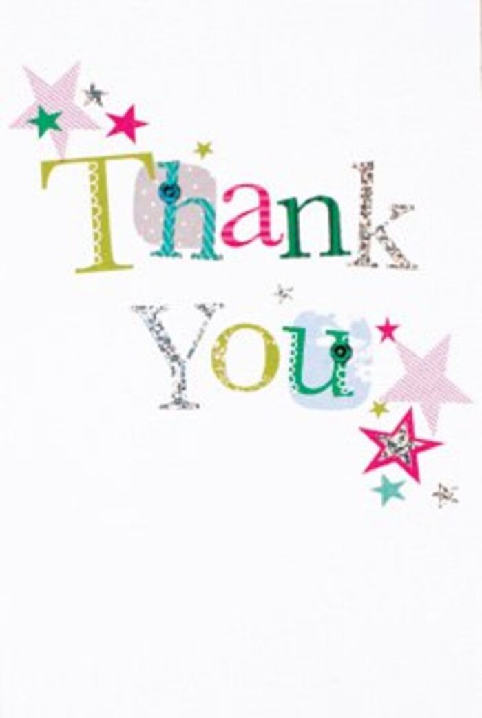 The careful design of this thank you card spills over with quiet exuberance-a composition that speaks to both the sophistication and playfulness celebrated in Ilford's community gatherings. Each letter in 'Thank You' is uniquely adorned: whimsical spots and gentle curves signal joy, while other characters achieve a subtle elegance with fluid forms and glistening touches of silver. Stars cluster near the sentiment, some striped in sparkling pink, others radiant with turquoise and silver, coming together in a constellation that animates the pure white backdrop. The overall feeling is one of crisp modernity, gently balanced by elements of hand-crafted warmth. It's the sort of card that could be tucked beside a vibrant floral arrangement picked up from a local shop on Ilford Hill or exchanged quietly between friends at a garden party near South Park. Every detail here is thoughtfully placed, echoing the artistry and inclusivity that defines Ilford, making the act of giving thanks feel deeply genuine and universally uplifting.