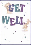 Bright and whimsical, this illustrated get well card promises to cheer anyone recovering in Ilford. The joyous pair-a teddy bear and a puppy-seem to spring off the page, each playfully holding and balancing the vibrant, indigo and teal letters spelling out 'Get Well' against a gentle cream backdrop. Their soft fur textures appear almost tangible, inviting a sense of cozy reassurance similar to that of a loving pet curled up beside you. Above and around them, stars in shades of blue and purple sparkle in a dance of hope, reminiscent of the uplifting energy that pervades Ilford's bustling Broadway Market. This design does more than deliver a message; it creates an emotional balm of warmth and kindness, merging the artistry of illustration with the thoughtful intention behind every get well note or bouquet crafted by local Ilford hands.